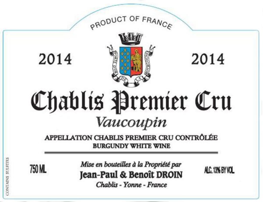 Jean Paul & Benoit Droin Chablis Vaucoupin Premier Cru 2014 Front Label