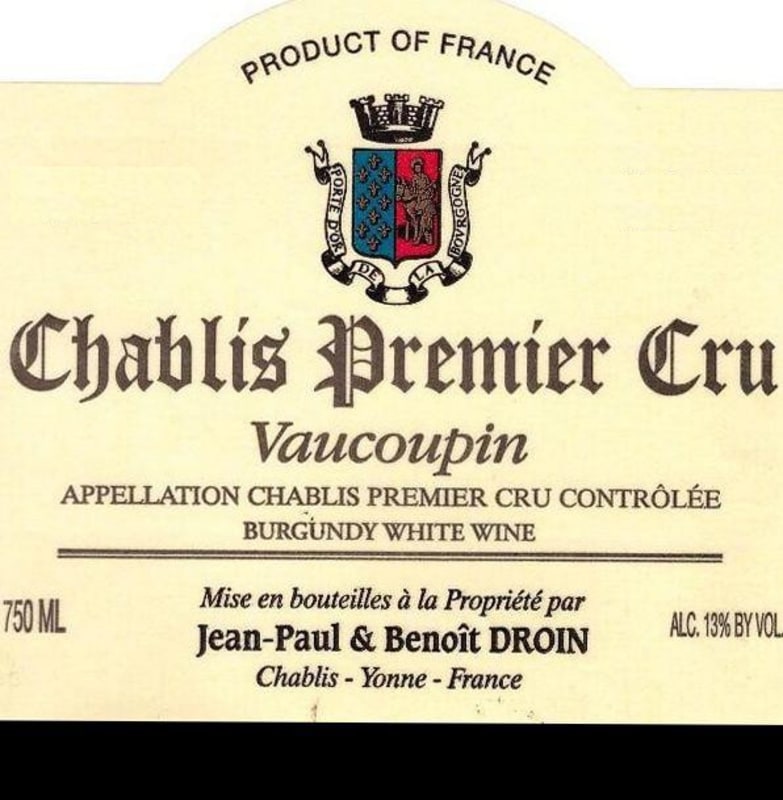 Jean Paul & Benoit Droin Chablis Vaucoupin Premier Cru 2013 Front Label