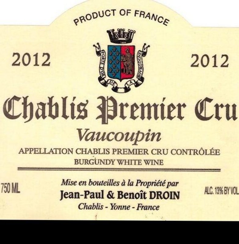 Jean Paul & Benoit Droin Chablis Vaucoupin Premier Cru 2012 Front Label