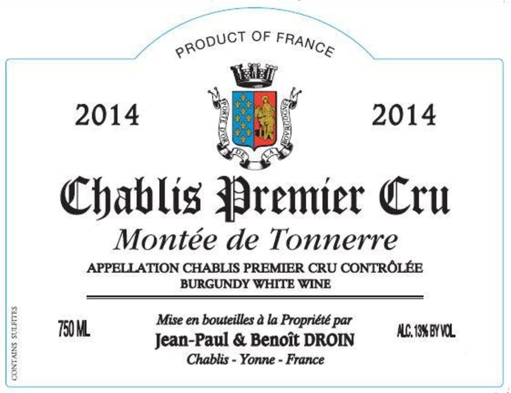 Jean Paul & Benoit Droin Montee de Tonnerre Chablis Premier Cru 2014 Front Label
