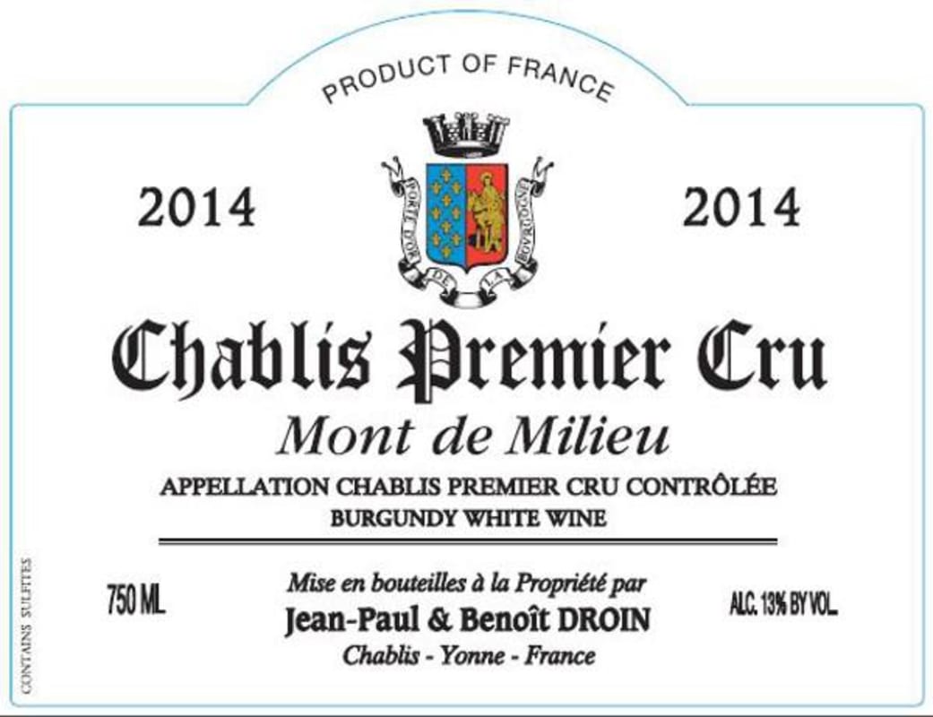 Jean Paul & Benoit Droin Chablis Mont de Milieu Premier Cru 2014 Front Label