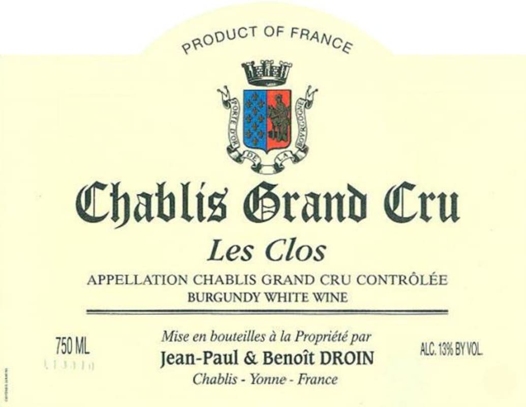 Jean Paul & Benoit Droin Chablis Les Clos Grand Cru 1998 Front Label