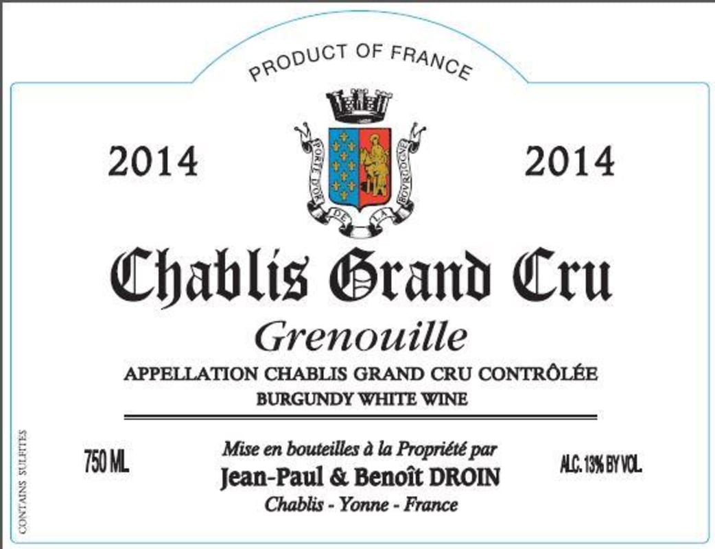 Jean Paul & Benoit Droin Chablis Grenouille Grand Cru 2014 Front Label