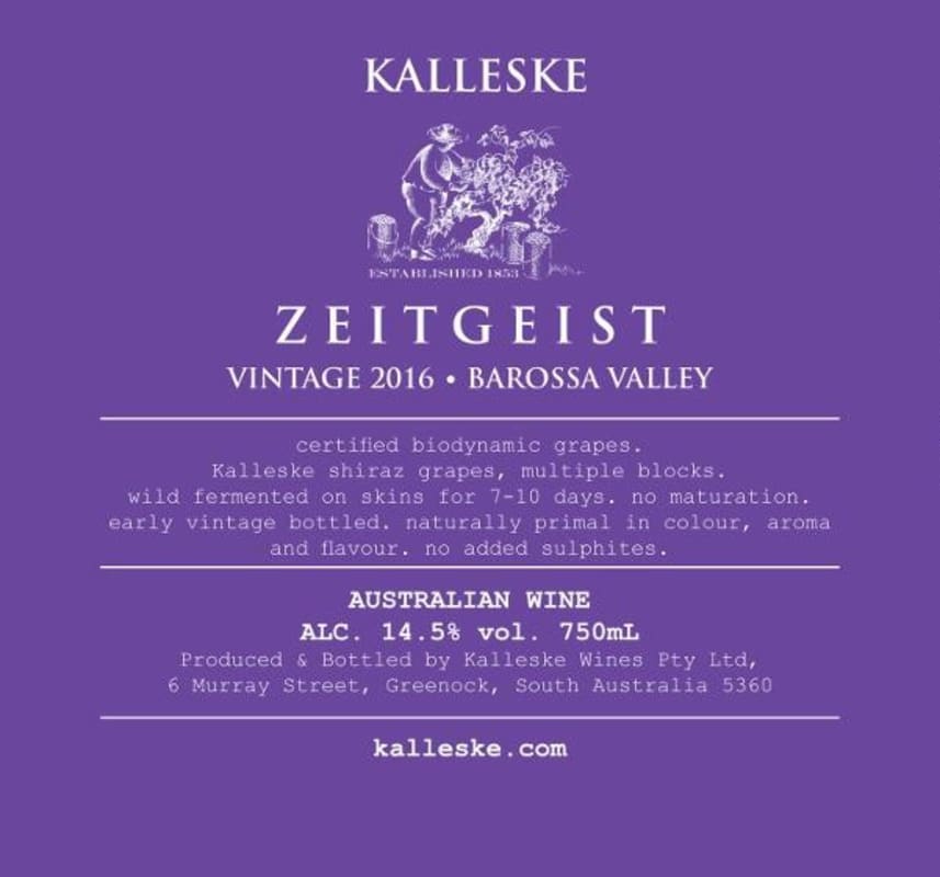 Kalleske Zeitgeist Shiraz 2016 Front Label