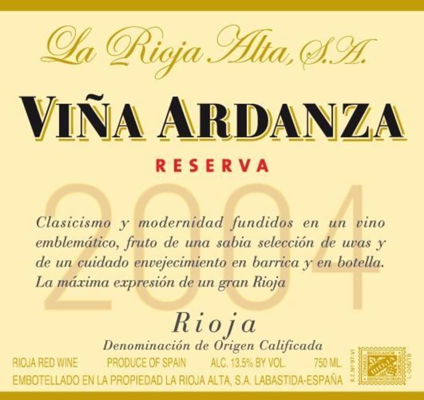 La Rioja Alta La Vina Ardanza Rioja Reserva 2004 Front Label
