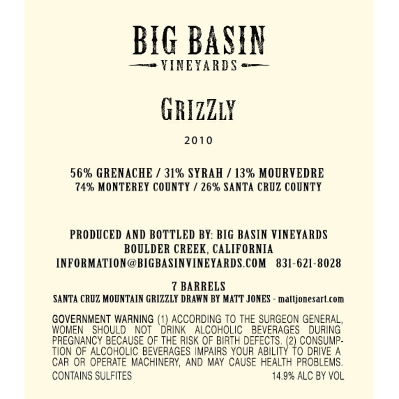 Big Basin Grizzly Red Blend 2010 Front Label
