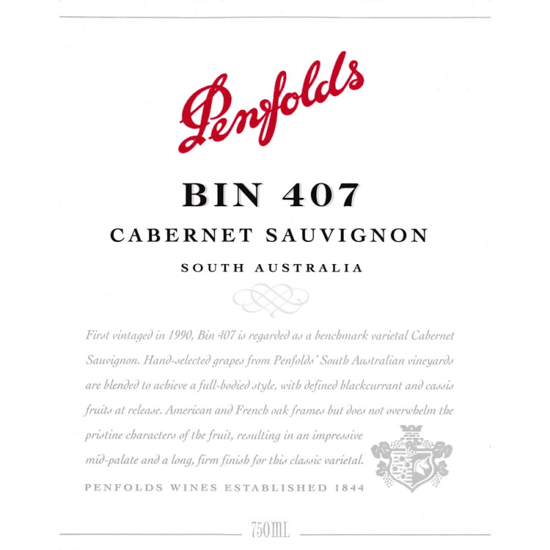 Penfolds Bin 407 Cabernet Sauvignon 2011 Front Label
