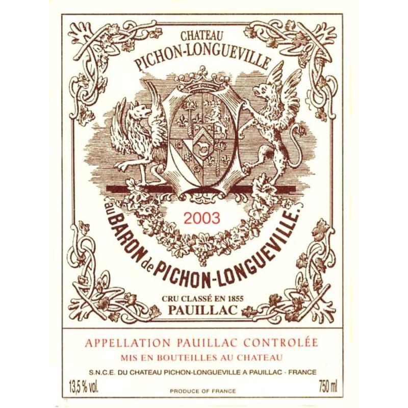 Chateau Pichon-Longueville Baron (3 Liter - chipped wax capsule) 2003 Front Label