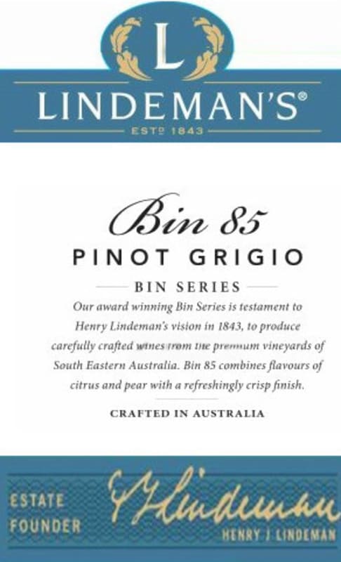 Lindeman’s Bin Series Bin 85 Pinot Grigio 2011 Front Label