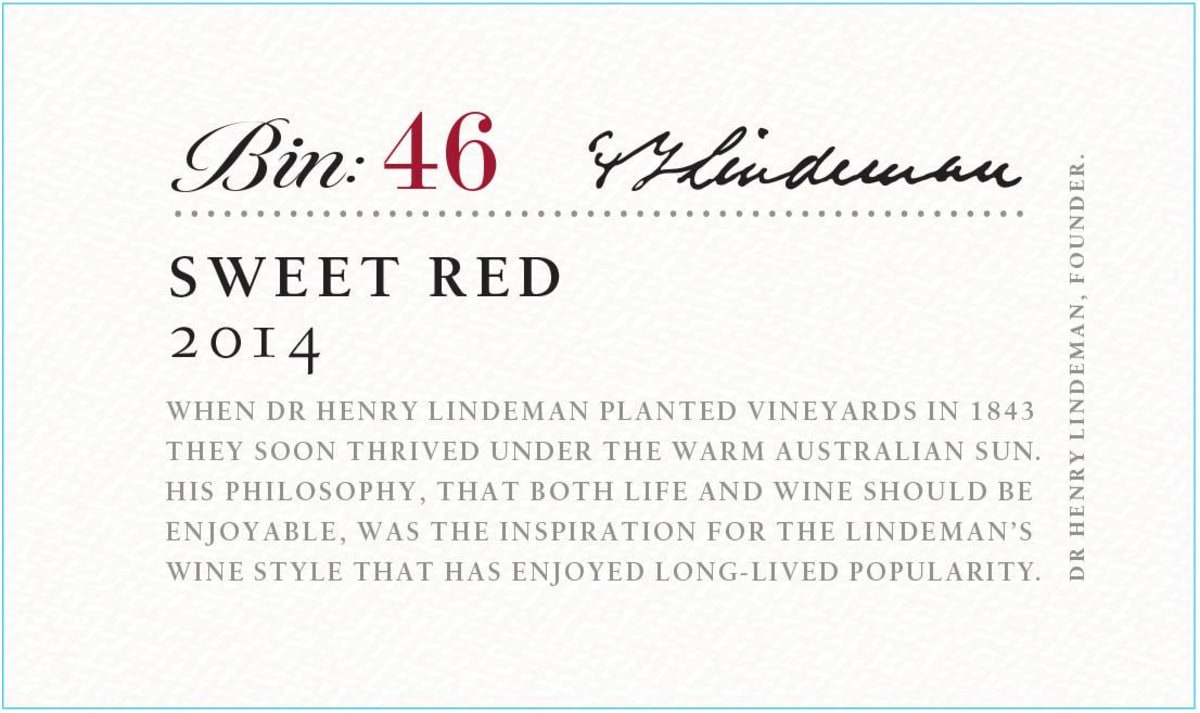 Lindeman’s Bin Series Bin 46 Sweet Red 2014 Front Label