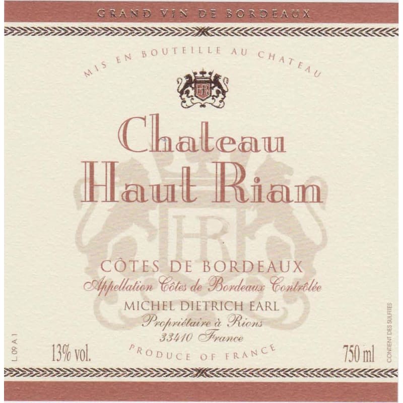 Chateau Haut Rian Bordeaux Rouge 2011 Front Label