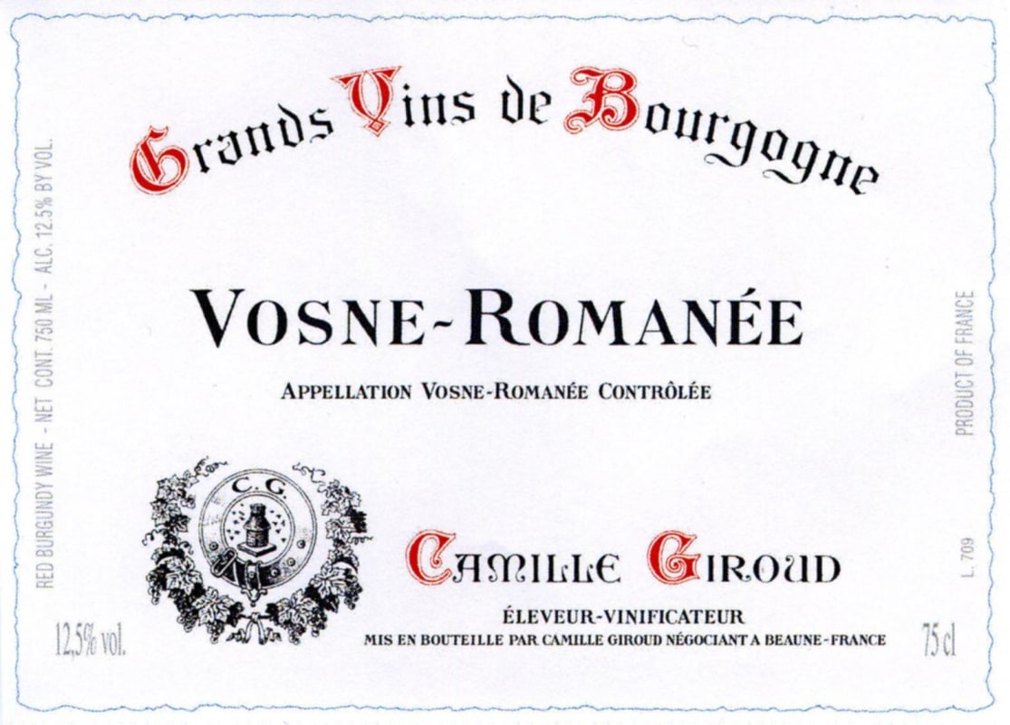 Camille Giroud Vosne Romanee Rouge 2012 Front Label
