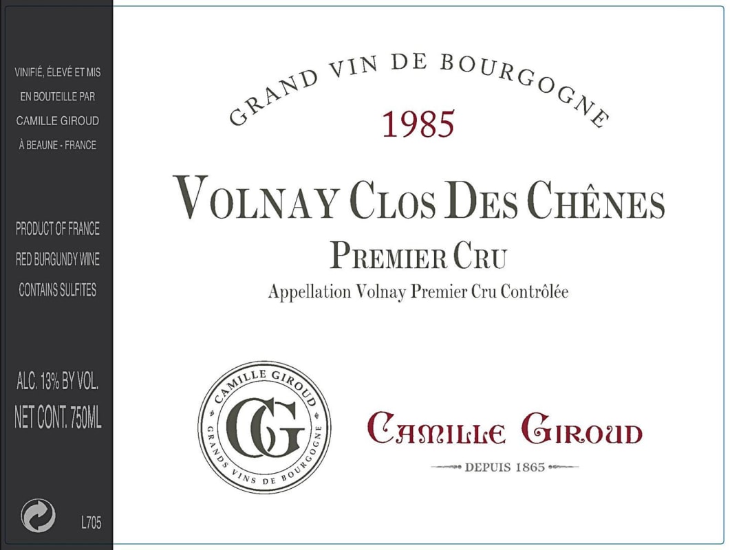 Camille Giroud Volnay Clos Des Chenes 1985 Front Label