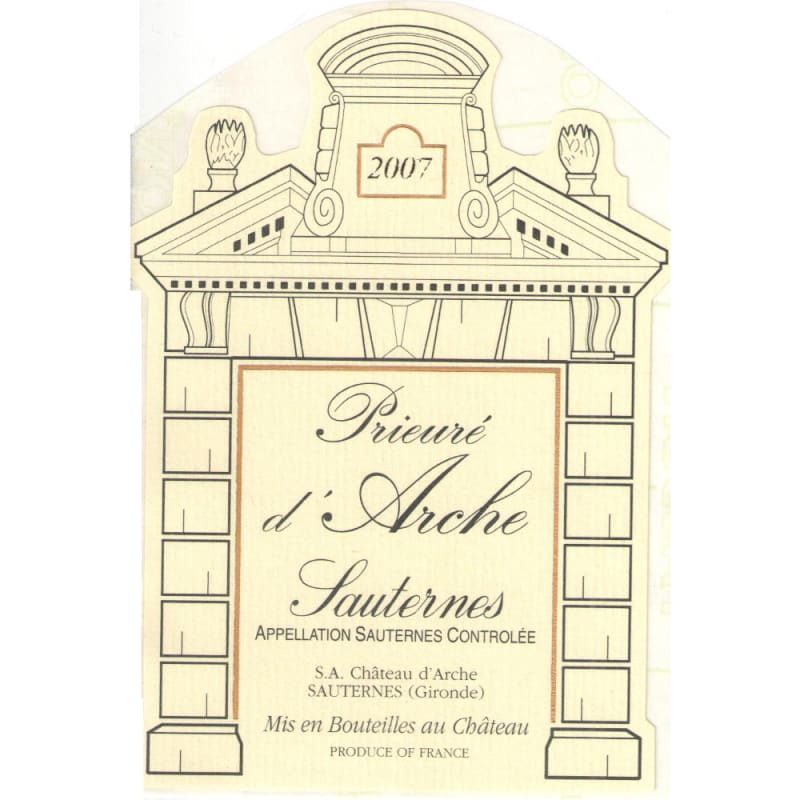 Chateau d'Arche Prieure d'Arche Sauternes (375ML half-bottle) 2007 Front Label