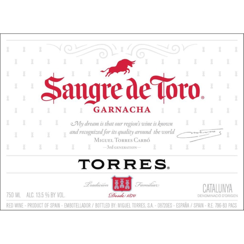 Torres Sangre de Toro Garnacha 2012 Front Label