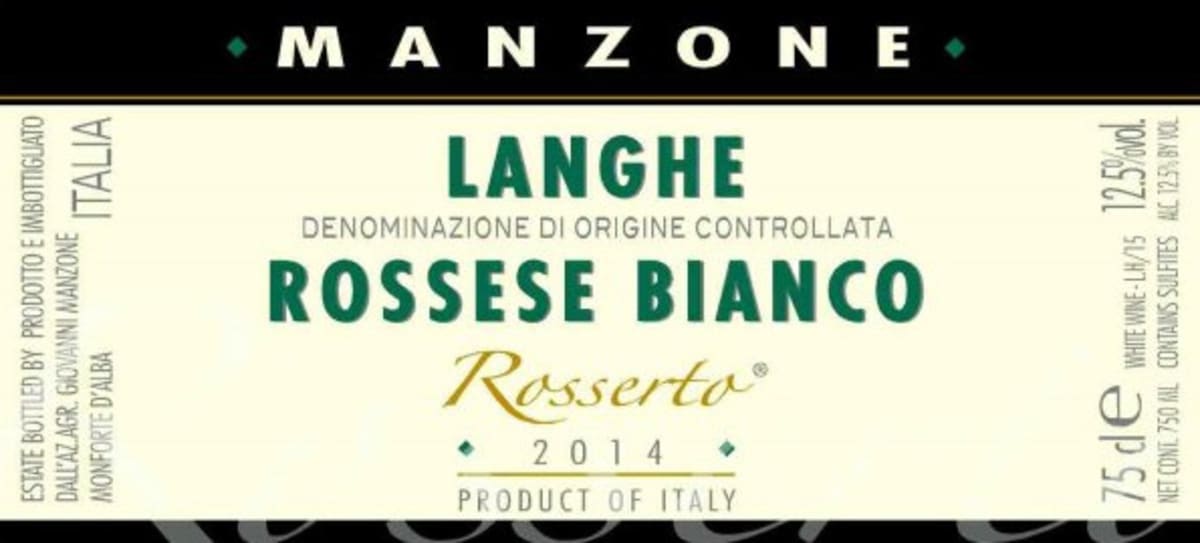 Manzone Langhe Bianco Rossese 2014 Front Label