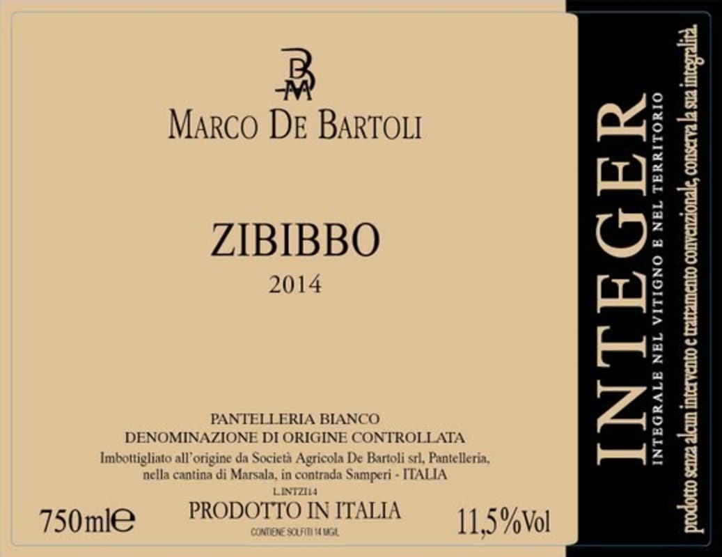 Marco De Bartoli Integer Zibibbo 2014 Front Label