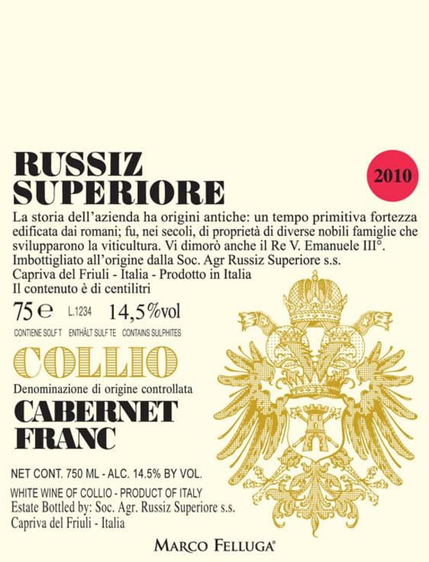Marco Felluga Russiz Superiore Cabernet Franc 2010 Front Label