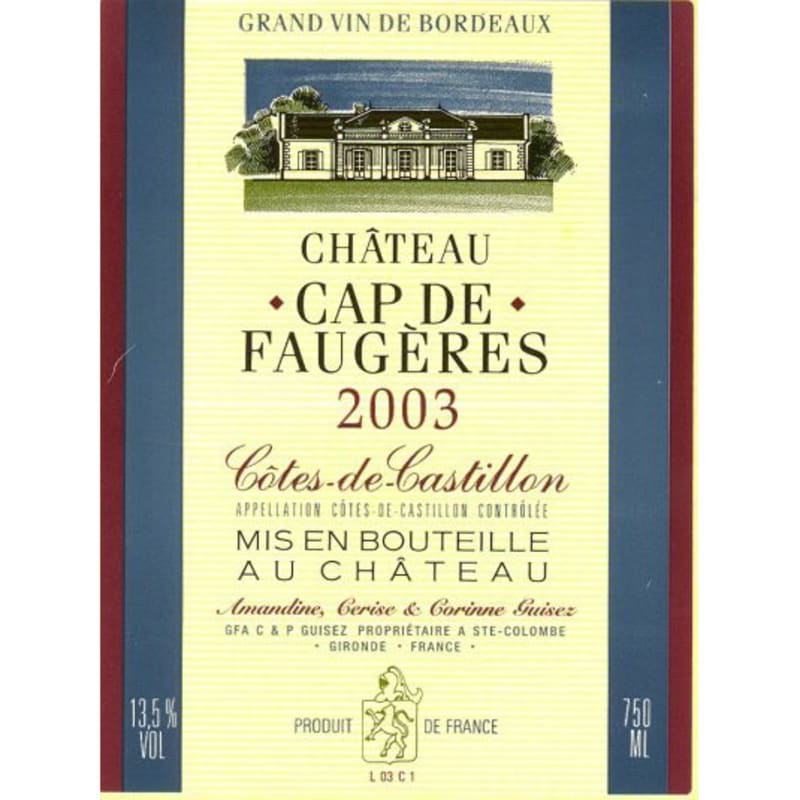 Chateau Cap de Faugeres 2003 Front Label