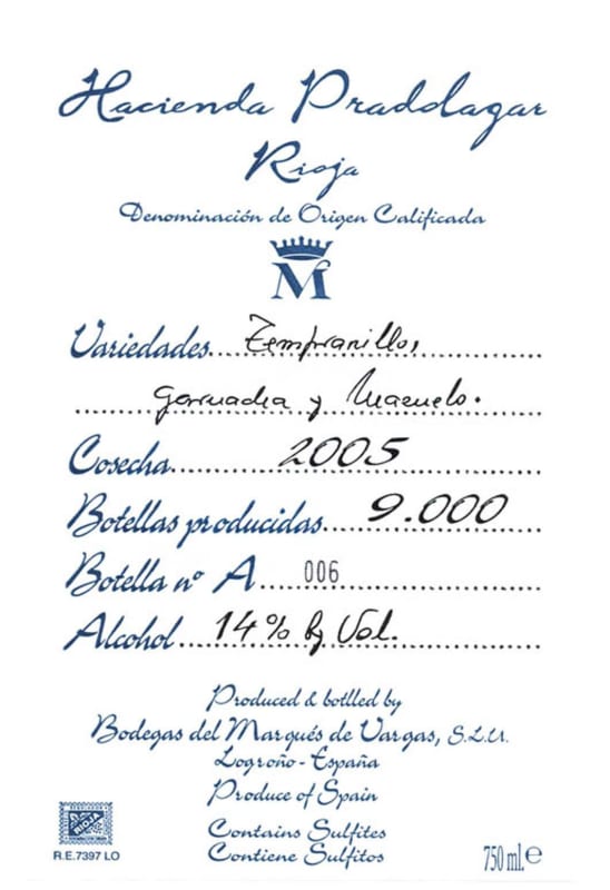 Marques de Vargas Hacienda Pradolagar Rioja Reserva Especial 2005 Front Label