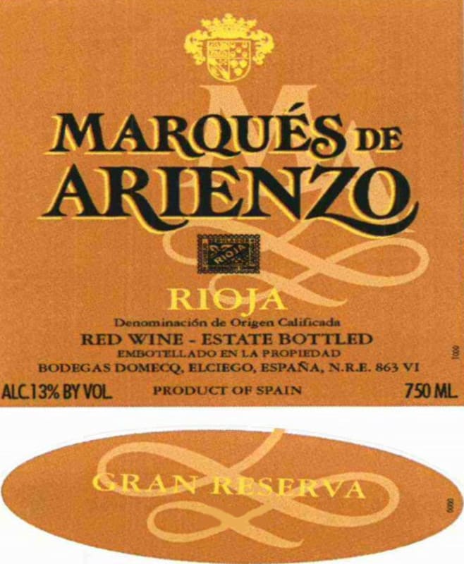 Marques de Riscal Marques de Arienzo Gran Reserva 2001 Front Label