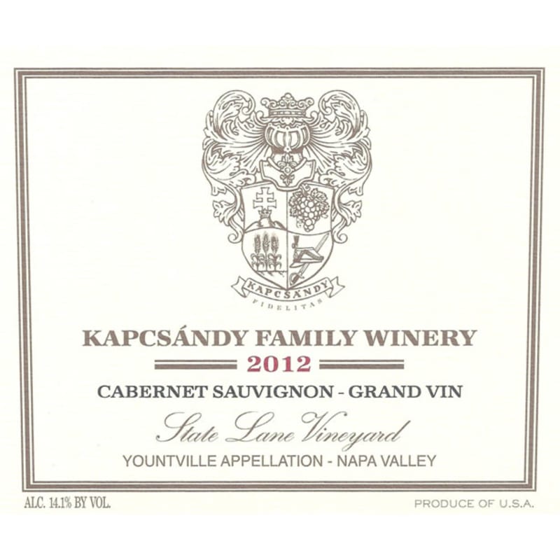 Kapcsandy Family Winery State Lane Cabernet Sauvignon Grand Vin 2012 Front Label