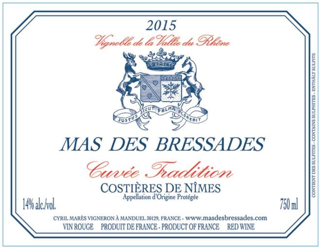 Mas de Bressades Costieres de Nimes Cuvee Tradition Rouge 2015 Front Label