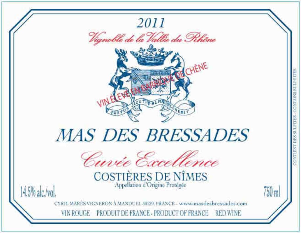 Mas de Bressades Costieres de Nimes Cuvee Excellence Rouge 2011 Front Label