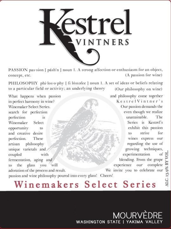 Kestrel Vintners Winemakers Select Mourvedre 2012 Front Label