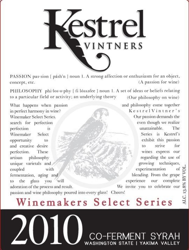 Kestrel Vintners Winemakers Select Co-Ferment Syrah 2010 Front Label
