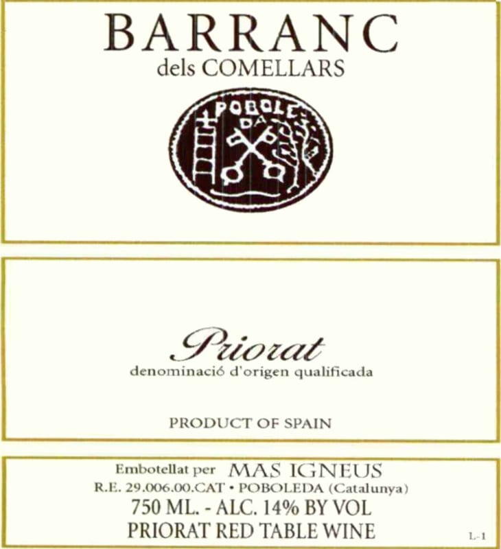 Mas Igneus Barranc dels Comellars Tinto 2012 Front Label