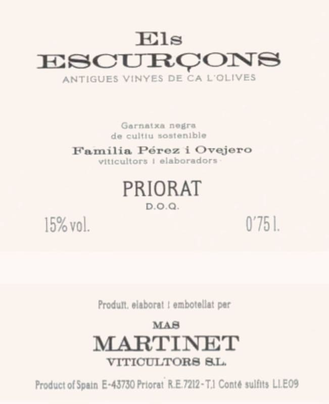 Clos Martinet Els Escurcons 2010 Front Label