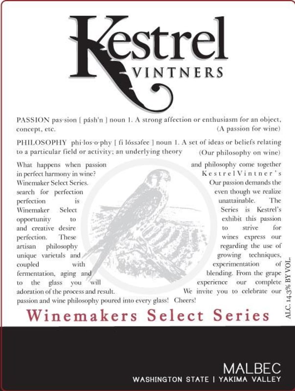Kestrel Vintners Winemaker Select Malbec 2012 Front Label