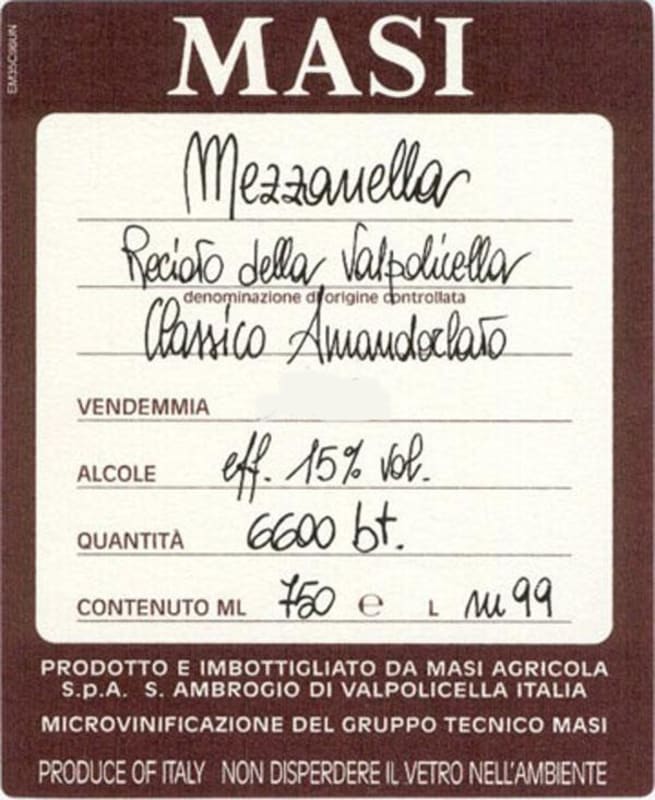 Masi Recioto della Valpolicella Mezzanella Amandorlato Classico 2011 Front Label