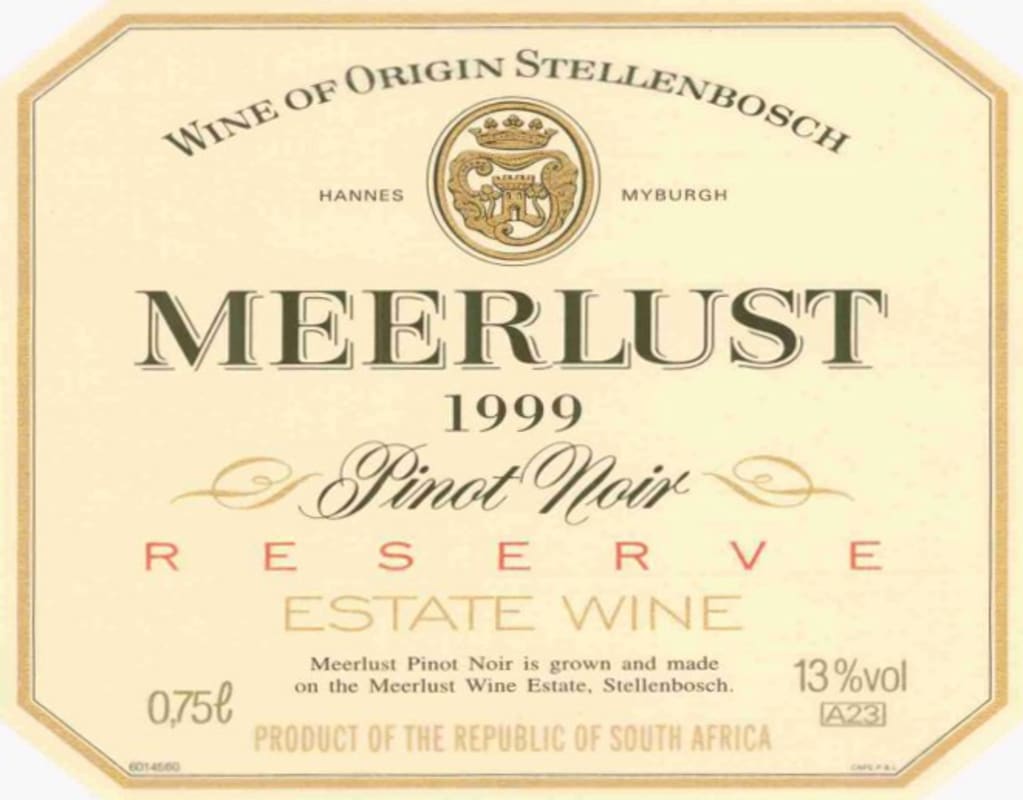 Meerlust Reserve Pinot Noir 1999 Front Label