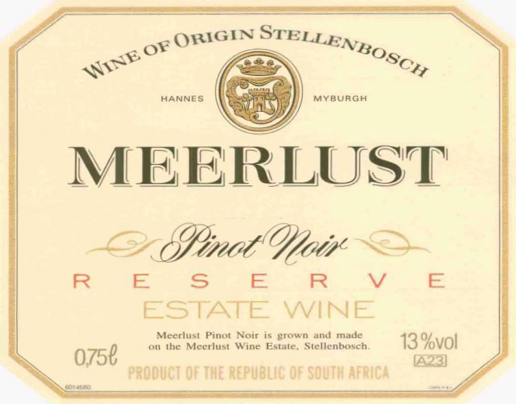 Meerlust Reserve Pinot Noir 2012 Front Label