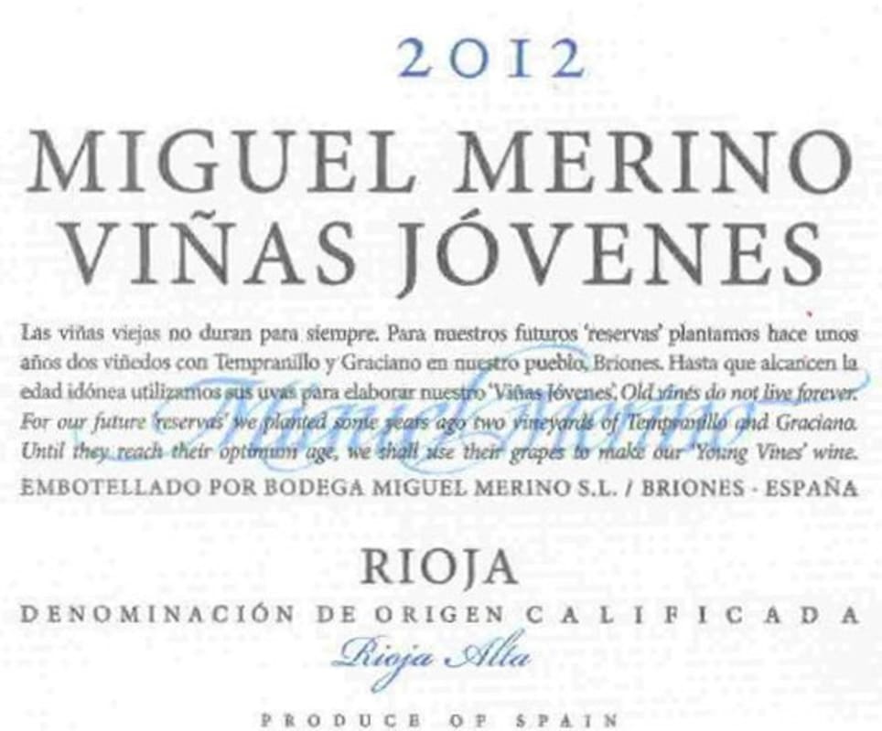 Miguel Merino Vinas Jovenes 2012 Front Label