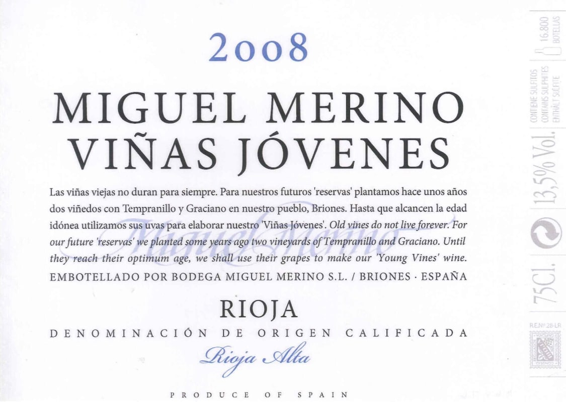 Miguel Merino Vinas Jovenes 2008 Front Label