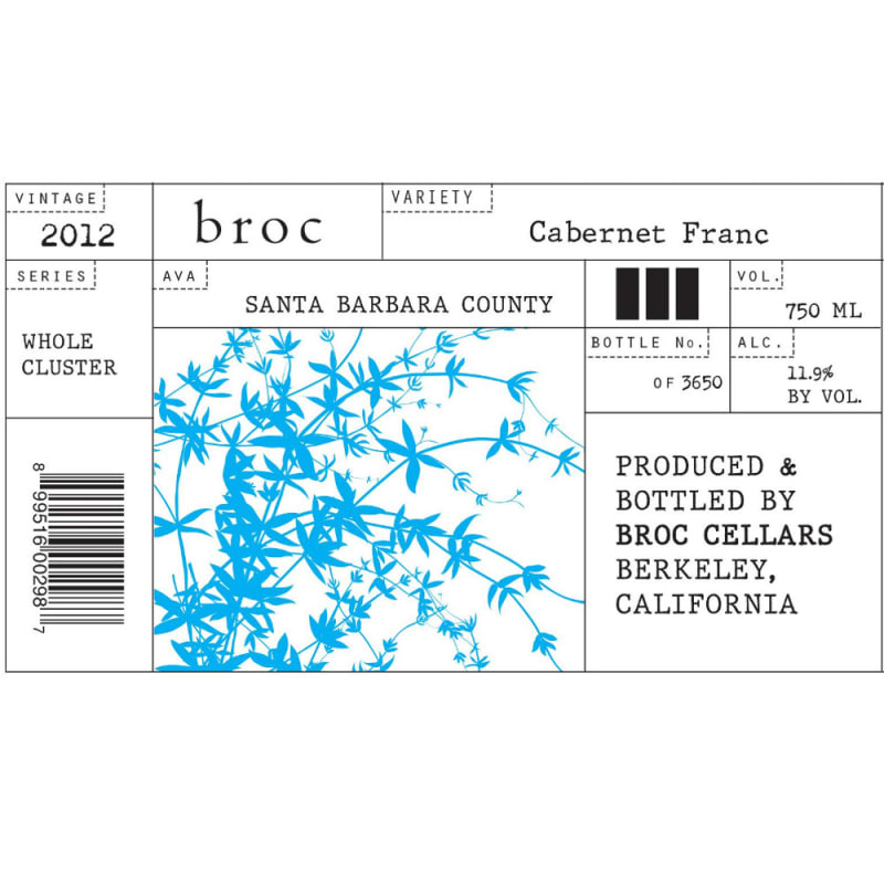Broc Cellars Cabernet Franc 2012 Front Label