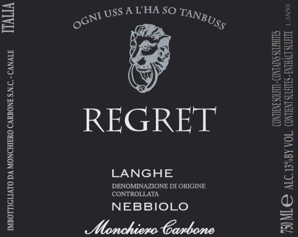 Monchiero Carbone Regret Langhe Nebbiolo 2013 Front Label