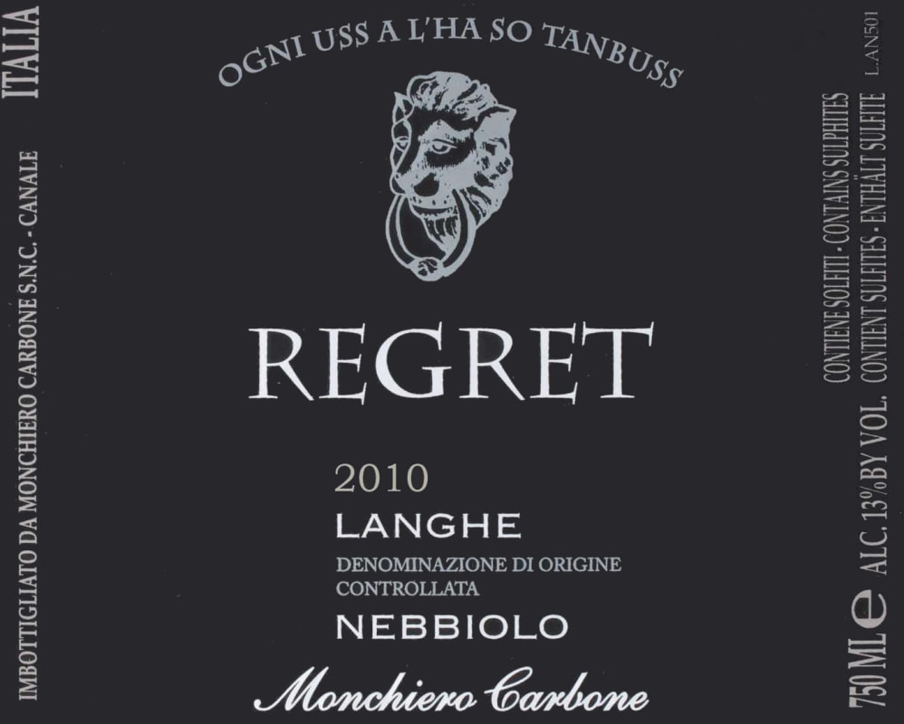 Monchiero Carbone Regret Langhe Nebbiolo 2010 Front Label