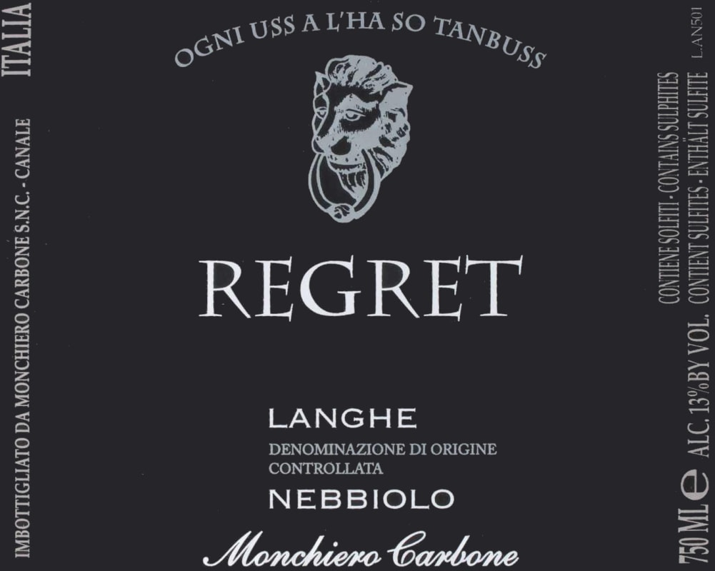 Monchiero Carbone Regret Langhe Nebbiolo 2012 Front Label