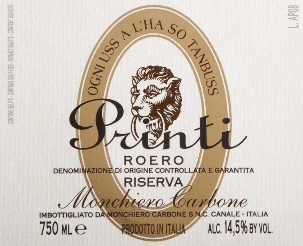 Monchiero Carbone Roero Printi Riserva 2009 Front Label