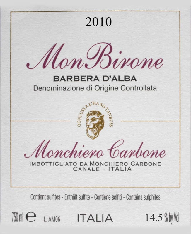 Monchiero Carbone Mon Birone Barbera d'Alba 2010 Front Label