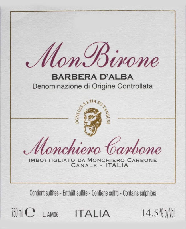 Monchiero Carbone Mon Birone Barbera d'Alba 2011 Front Label