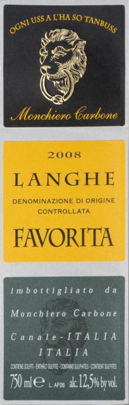 Monchiero Carbone Langhe Favorita 2008 Front Label
