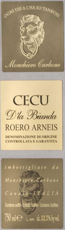 Monchiero Carbone Roero Cecu d'la Biunda Arneis 2012 Front Label