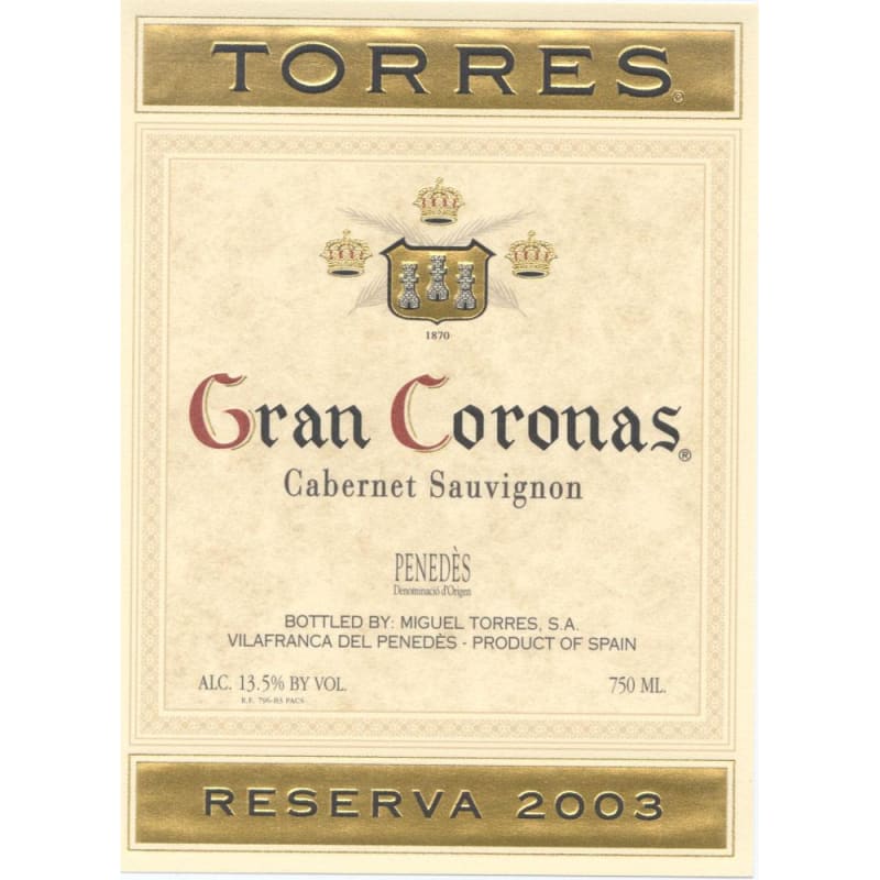 Familia Torres Gran Coronas Reserva Cabernet Sauvignon 2003 Front Label