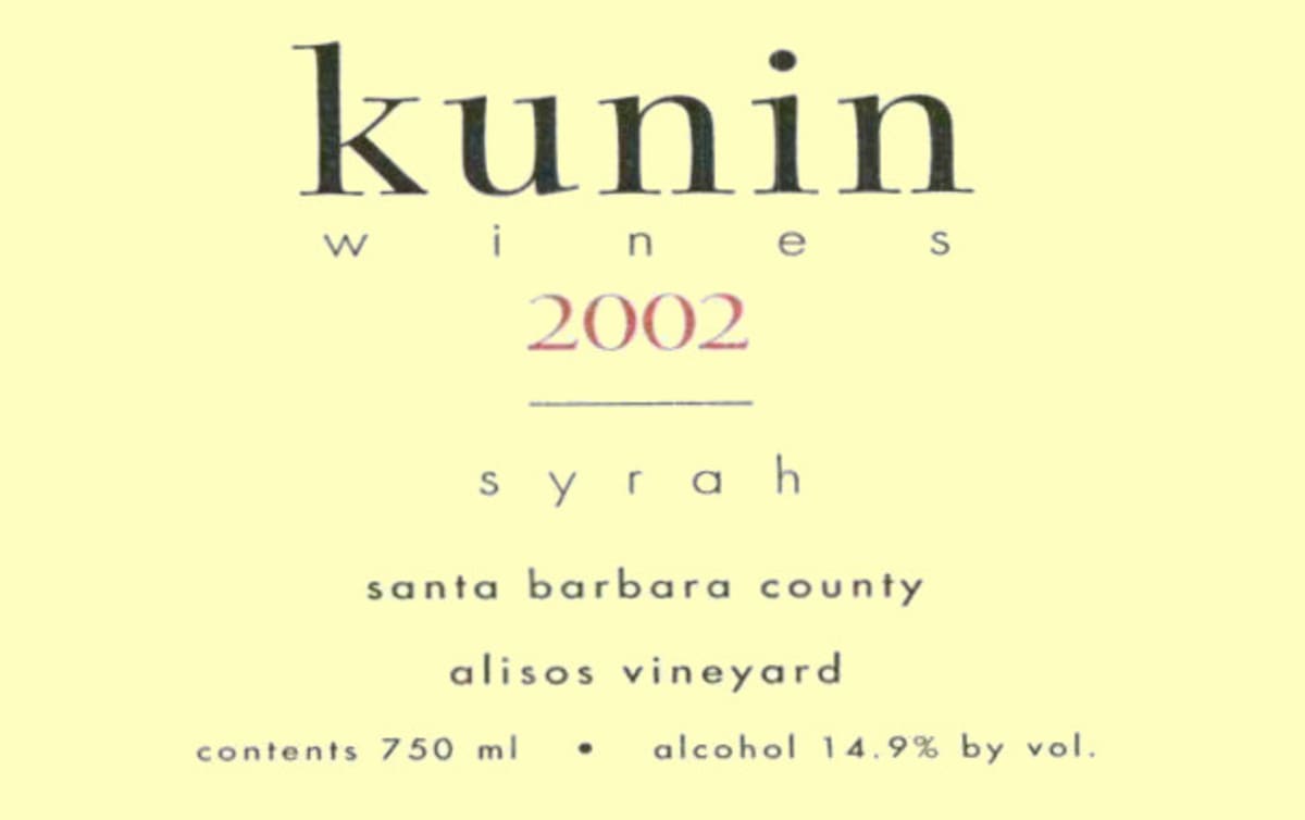 Kunin Alisos Vineyard Syrah 2002 Front Label