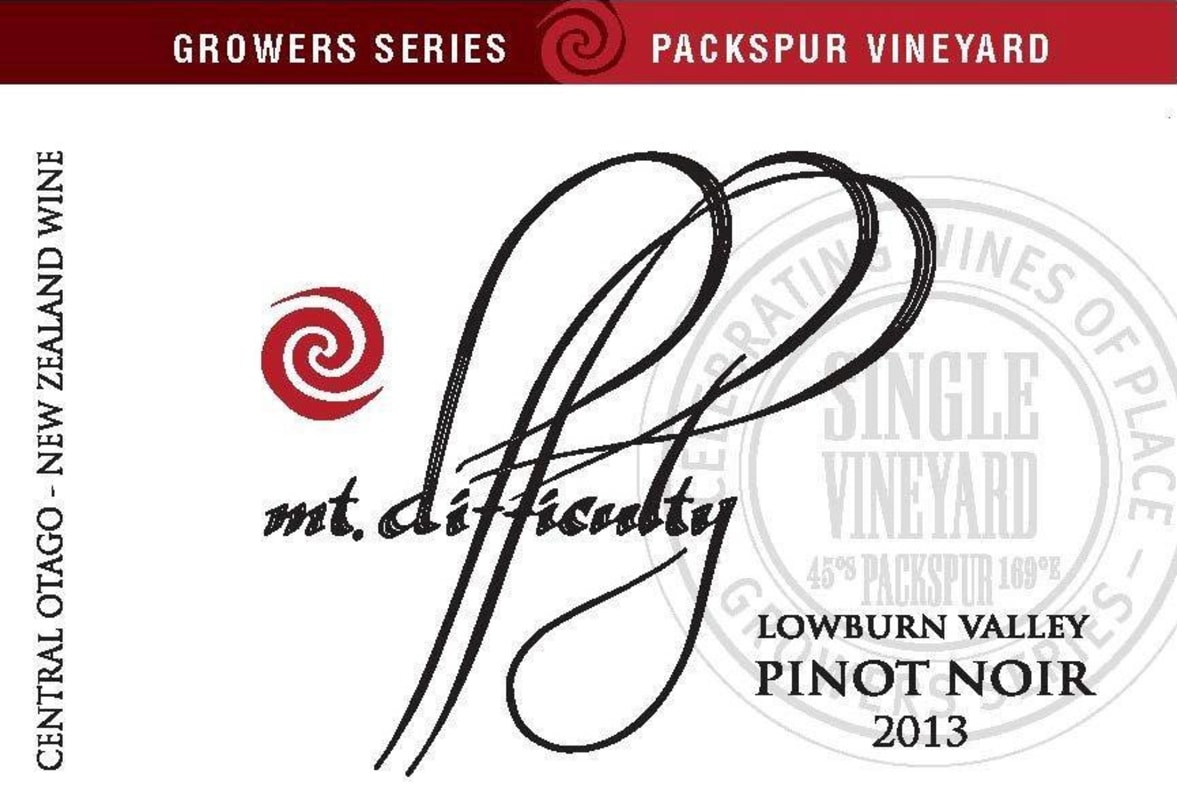 Mt Difficulty Growers Series Packspur Vineyard Pinot Noir 2013 Front Label